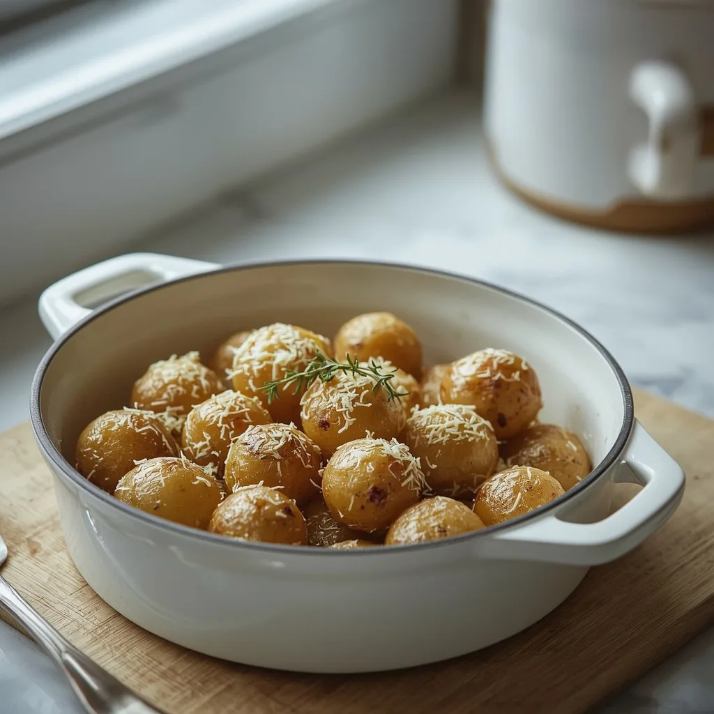 Roast potatoes with Parmesan and thyme in a white enamel dish