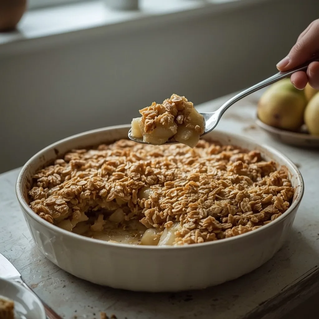 Pear and ginger crumble with golden oaty topping
