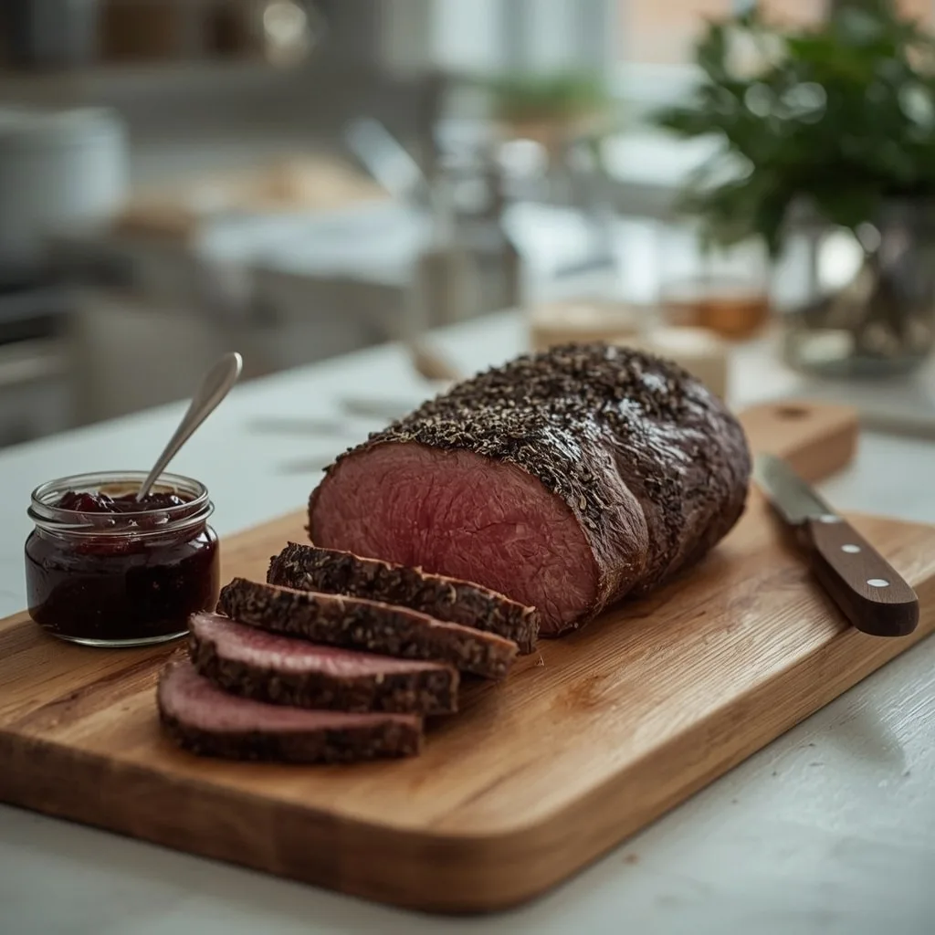 Peppered roast sirloin of beef with red onion marmalade