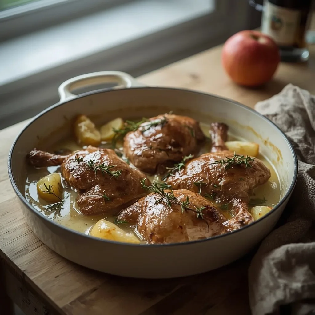 Pheasant with apples in a creamy sauce in a shallow casserole