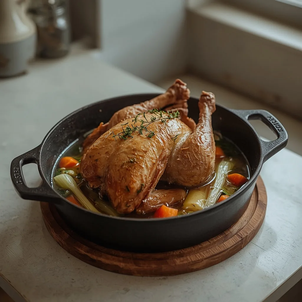 Pot-roast turkey breast with leeks and carrots