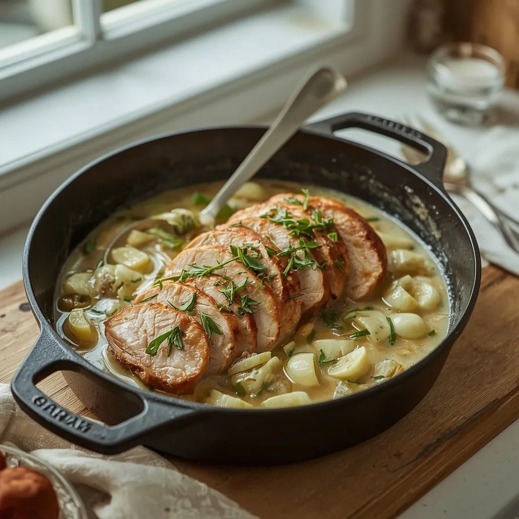 Pot-roast turkey breast with leeks and tarragon in a creamy sauce