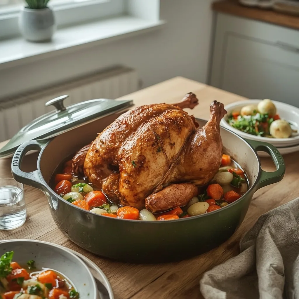 Pot-roast turkey crown with root vegetables in a cast iron casserole