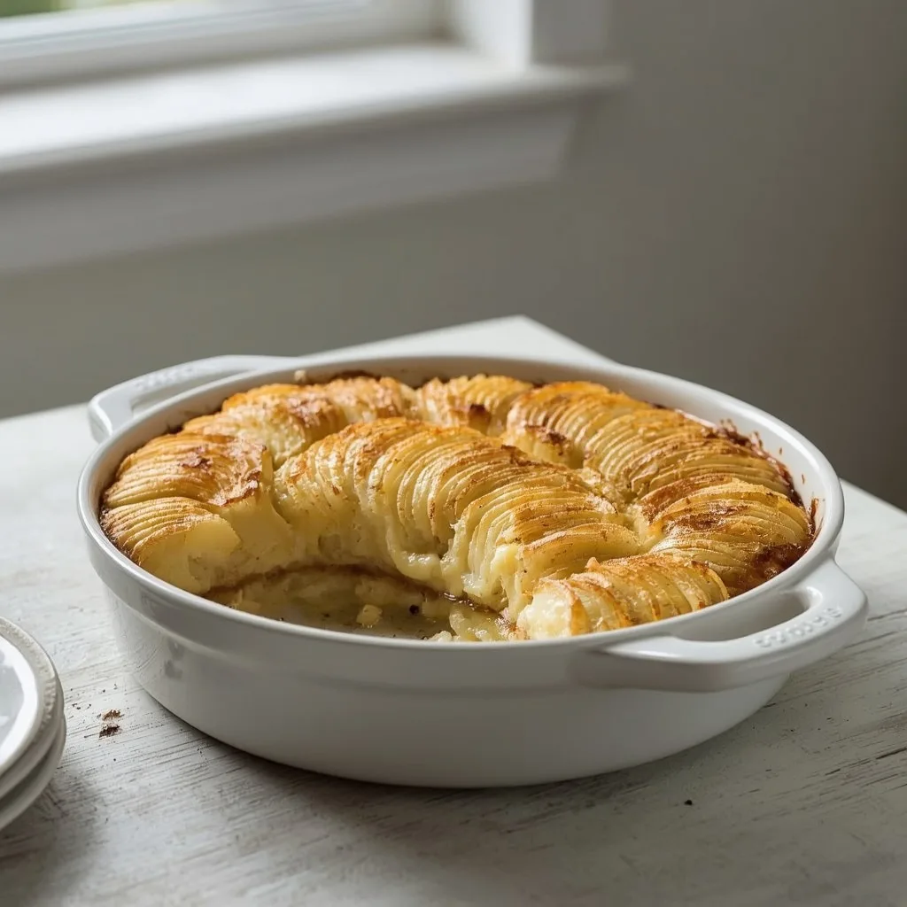 Potato dauphinoise in a gratin dish with layers visible