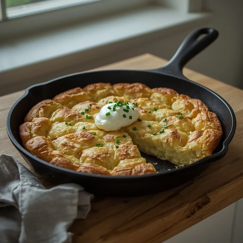 Potato and parsnip rösti cake cut into wedges in a frying pan