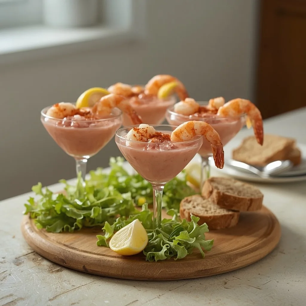 Prawn cocktail with Marie Rose sauce in small glass dishes with lemon