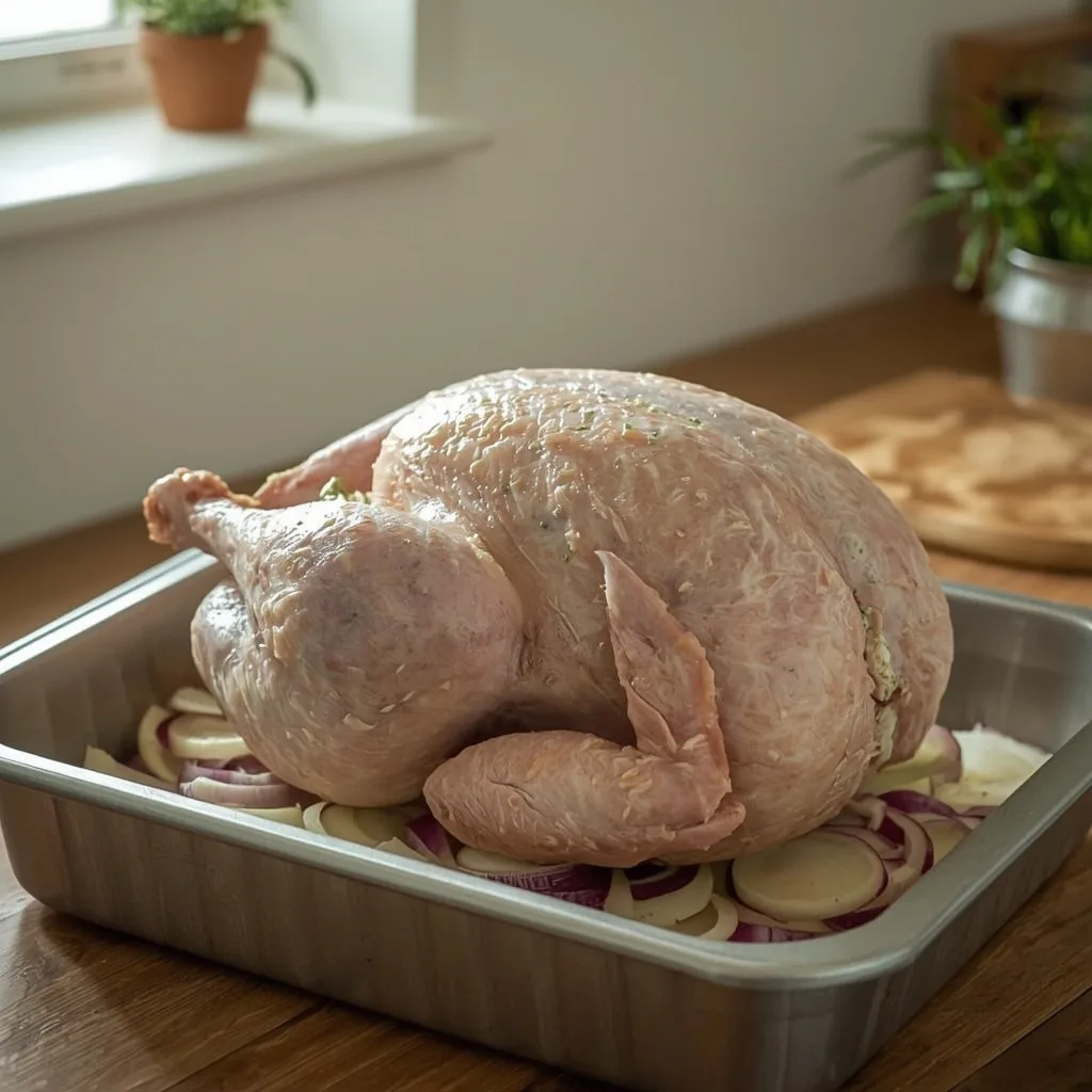 Prep-ahead turkey crown with herb butter in a roasting tin