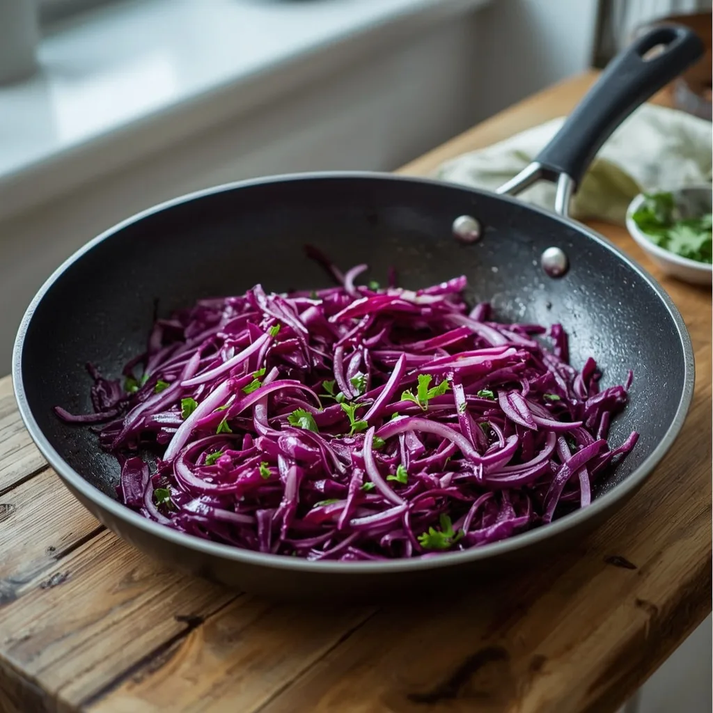 Quick pan-fried red cabbage with red onion in a frying pan