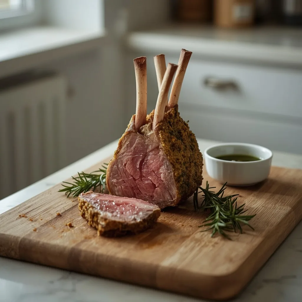 Rack of lamb for two with mustard and herb crust cut into cutlets
