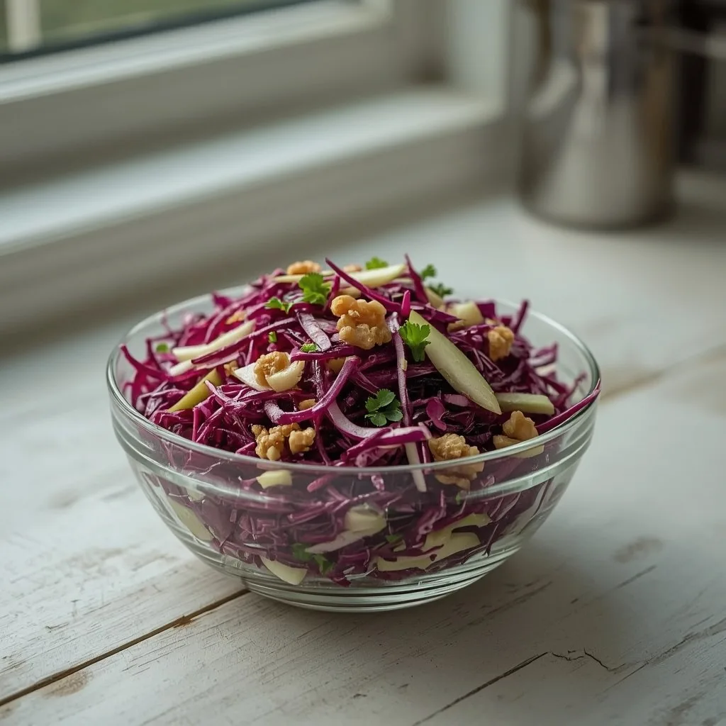 Red cabbage and apple slaw with walnuts in a glass bowl