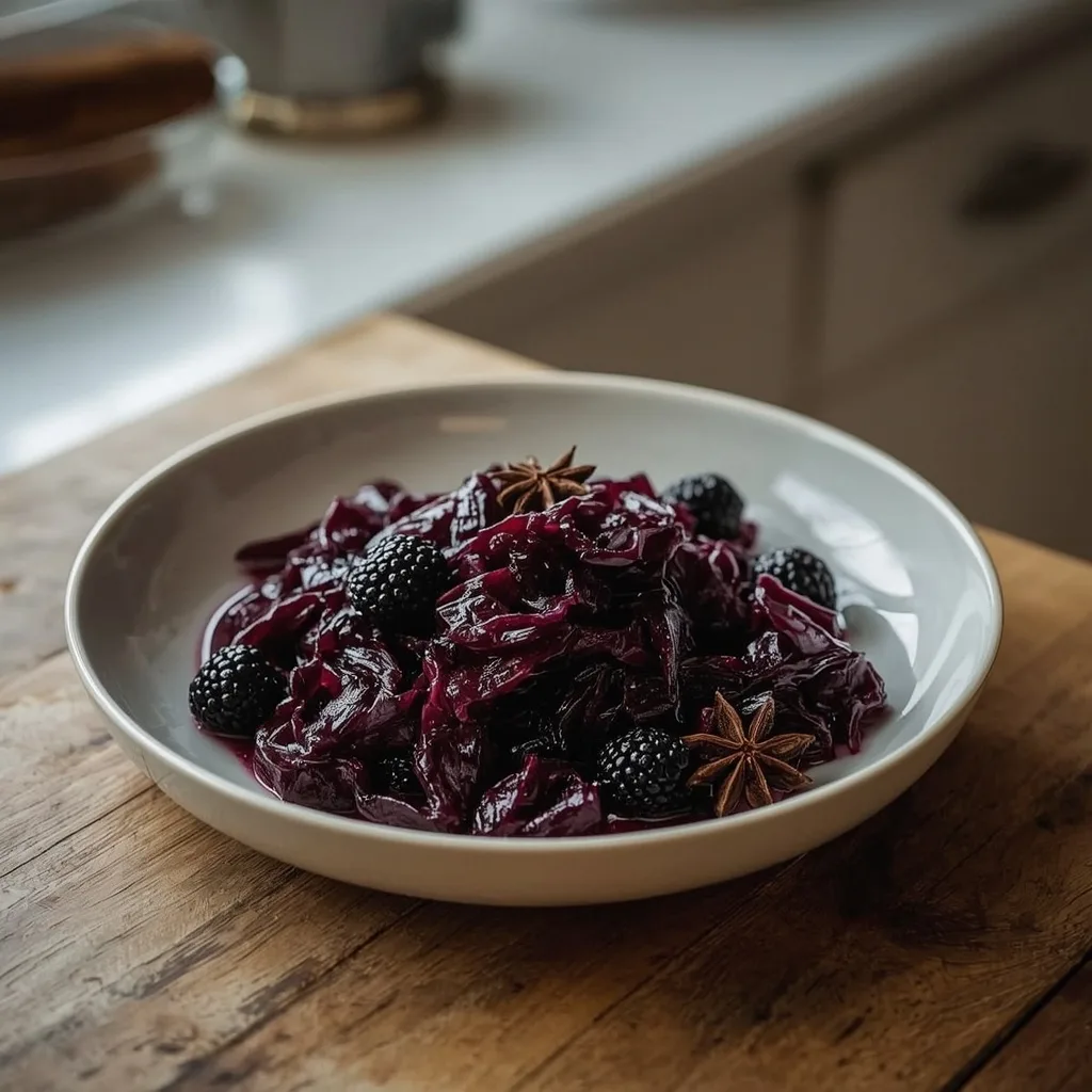 Red cabbage with blackberries and star anise in a shallow dish