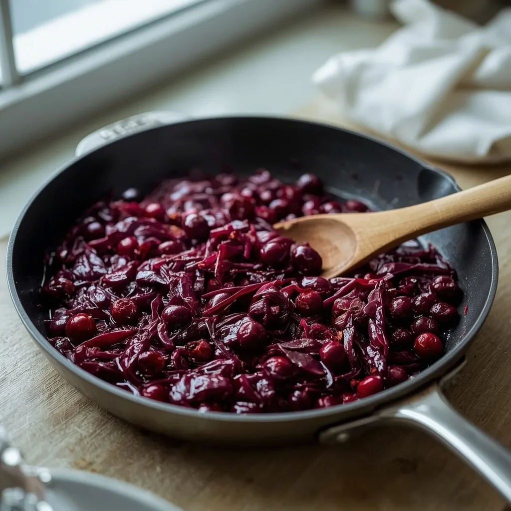 Braised red cabbage with cranberries in a pan