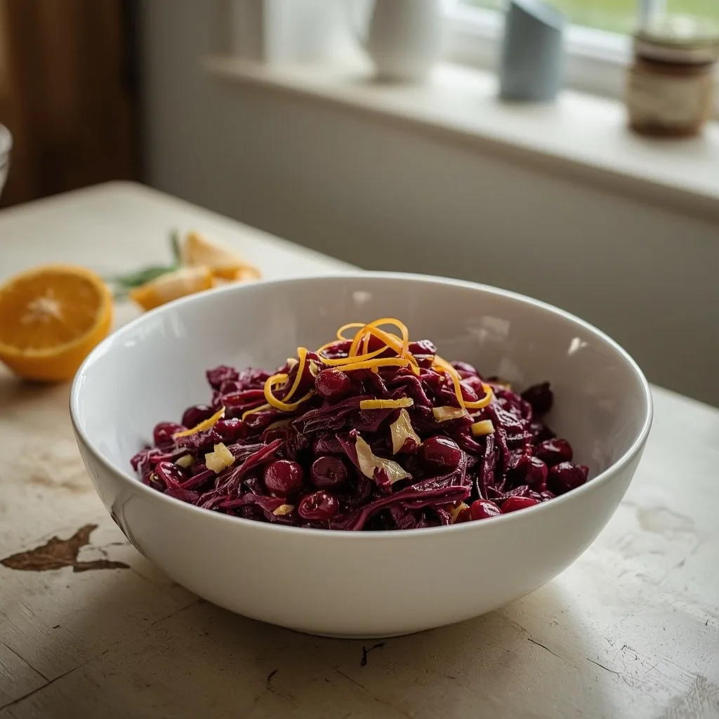Red cabbage with cranberries and orange zest in a white bowl