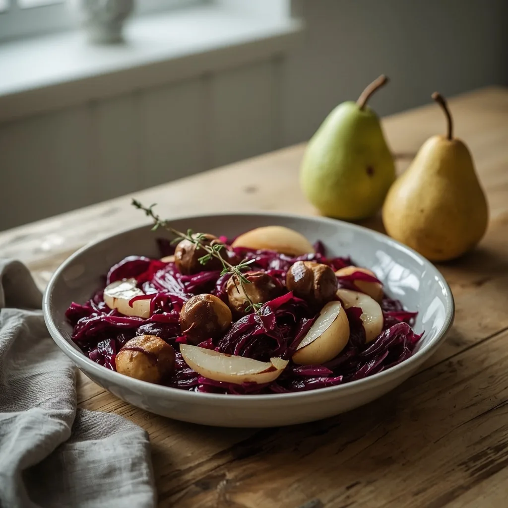 Red cabbage with pears and chestnuts in a rustic dish