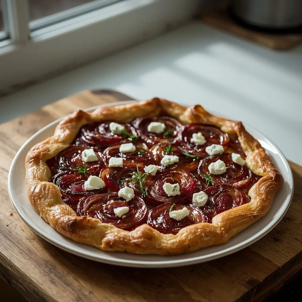 Red onion and blue cheese tarte tatin with thyme on a plate
