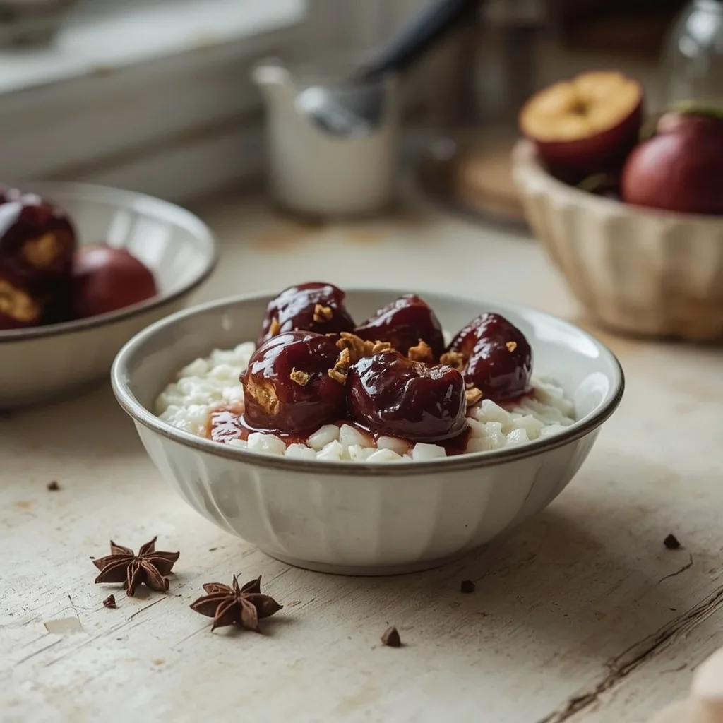 Creamy rice pudding with spiced roasted plums