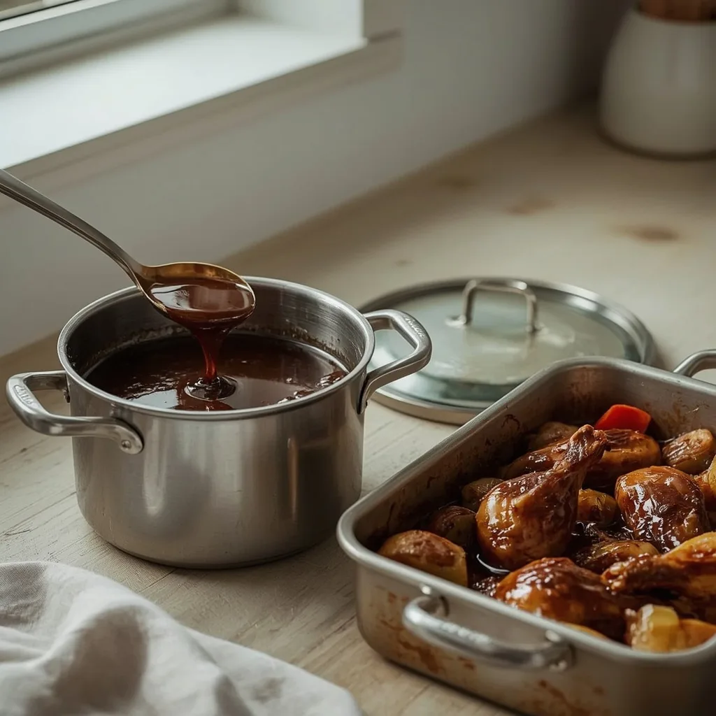Rich make-ahead gravy in a saucepan with roasted chicken wings and vegetables
