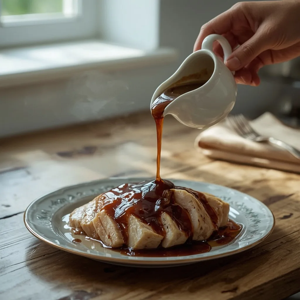 Rich turkey gravy poured over sliced roast turkey
