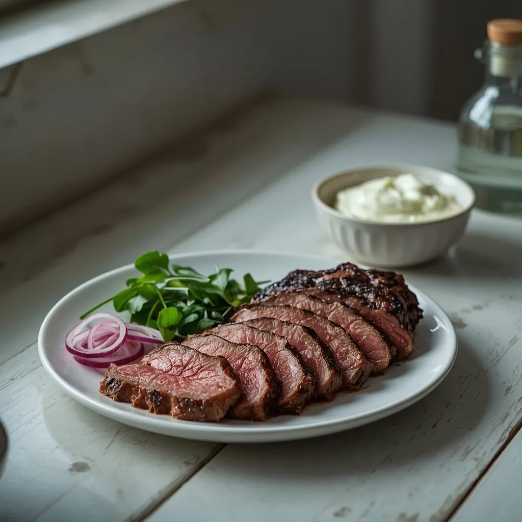 Sliced roast beef fillet with horseradish cream and watercress on a platter