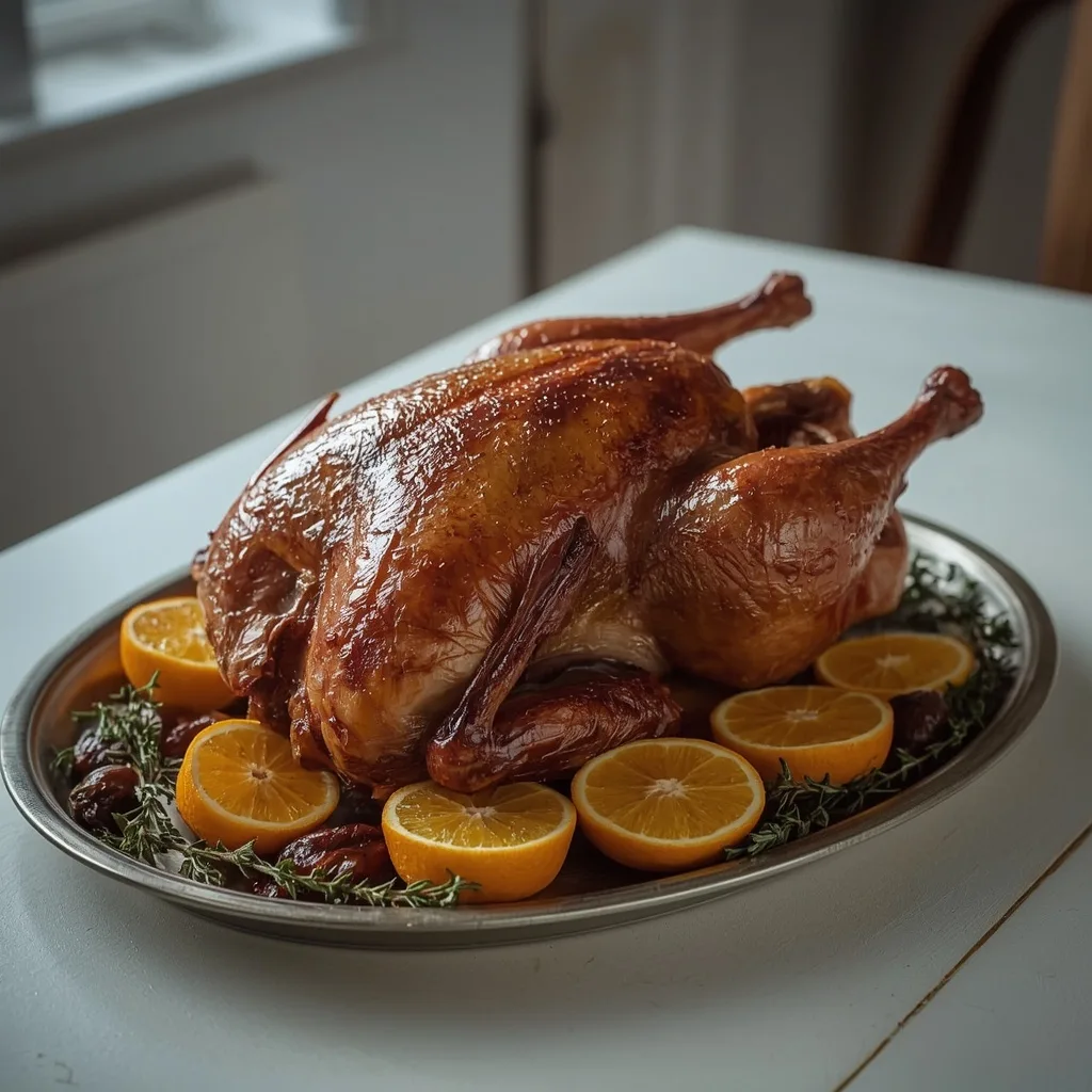 Roast duck with orange and thyme on a platter