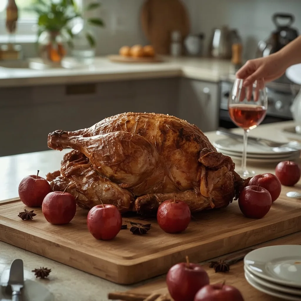 Roast goose with spiced roasted apples on a board