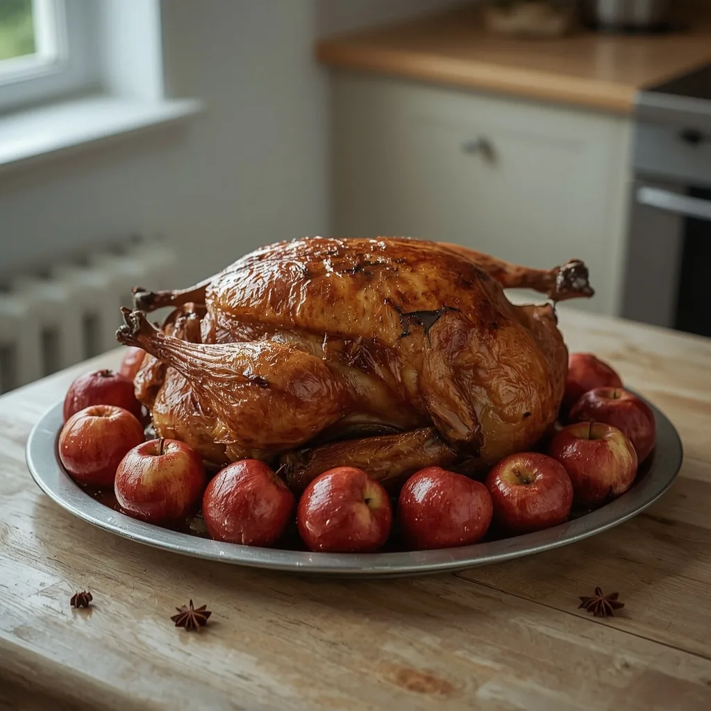 Roast goose with spiced baked apples on a serving platter