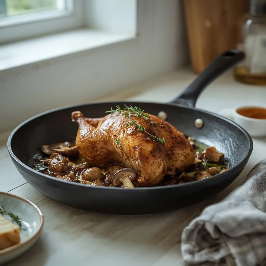 Roast guinea fowl with wild mushrooms and thyme