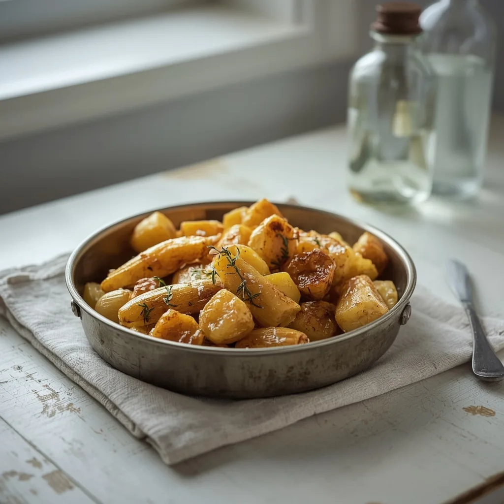 Crispy roast potatoes and honey parsnips for two in a small roasting tin