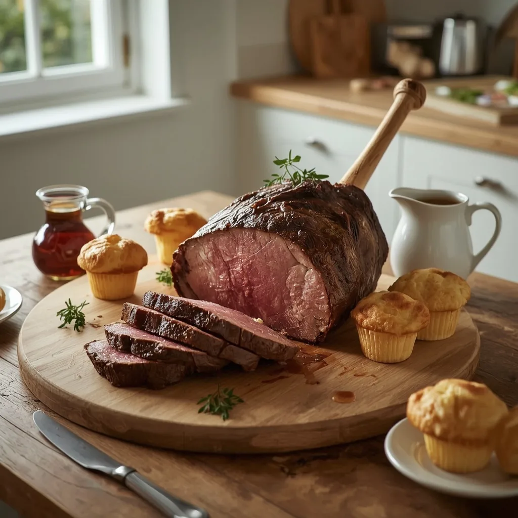 Roast rib of beef on the bone with golden Yorkshire puddings and gravy