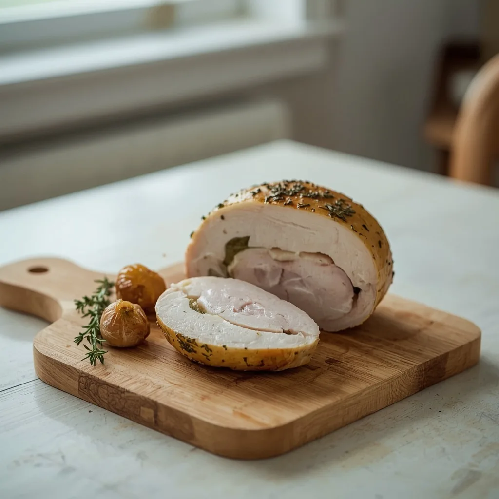 Small roast turkey breast joint for two with herb butter on a board