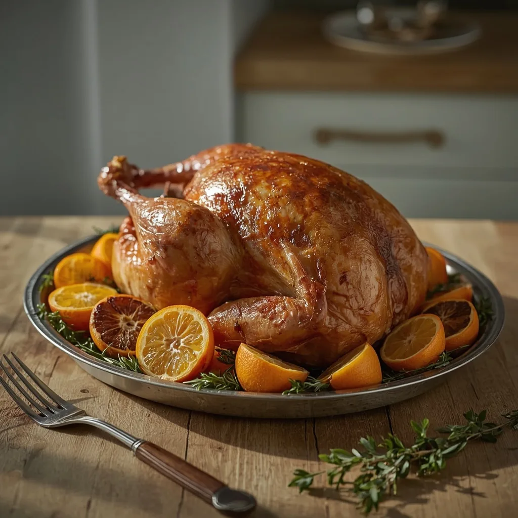 Roast turkey with roasted clementines and thyme on a serving platter