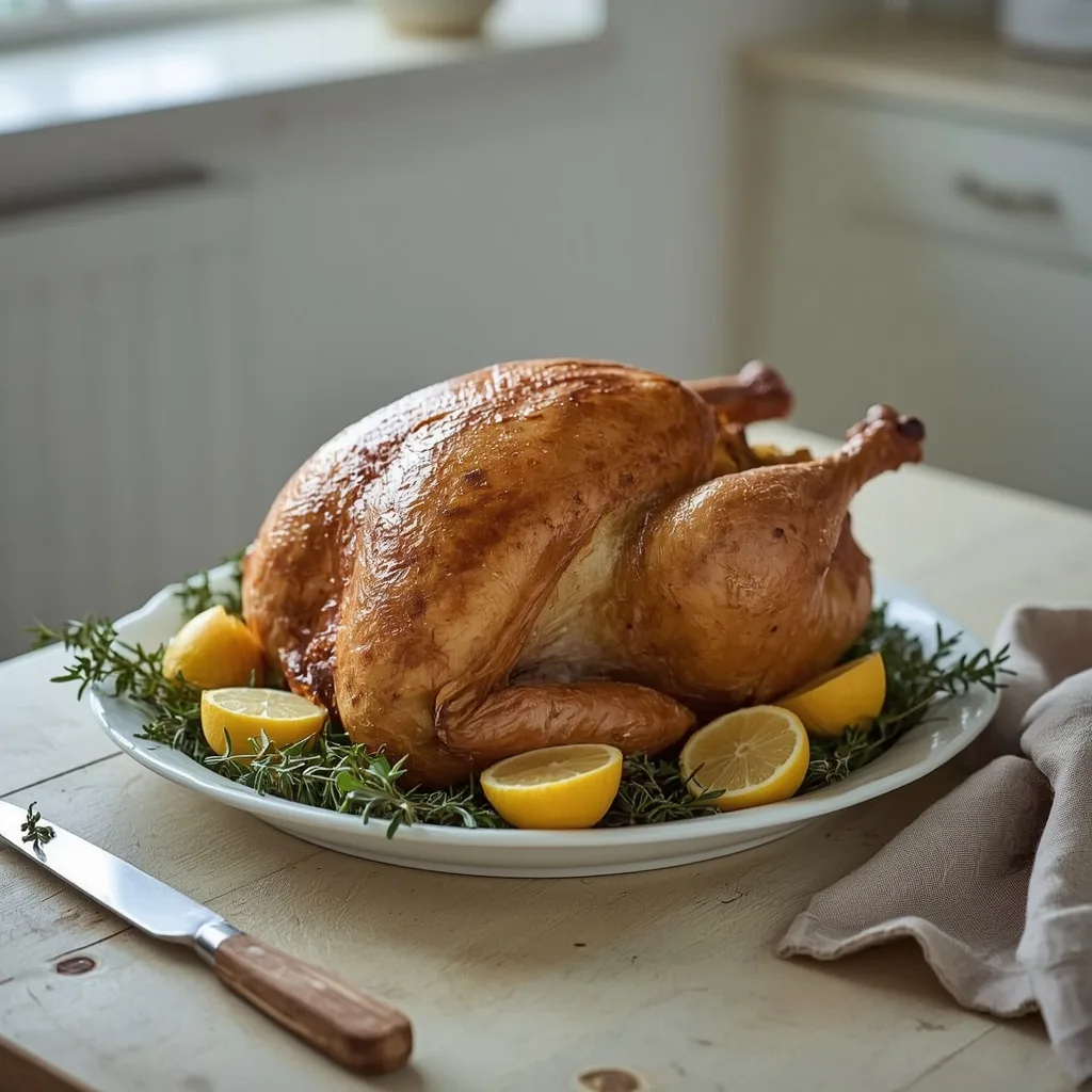 Golden roast turkey crown with herb butter on a white serving platter