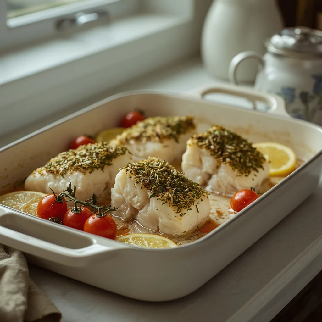 Roasted cod fillets with a herb crust and cherry tomatoes