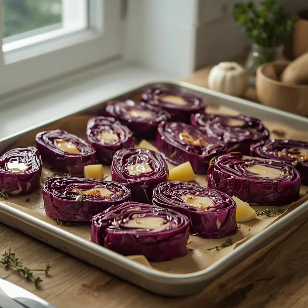 Roasted red cabbage wedges with garlic and thyme