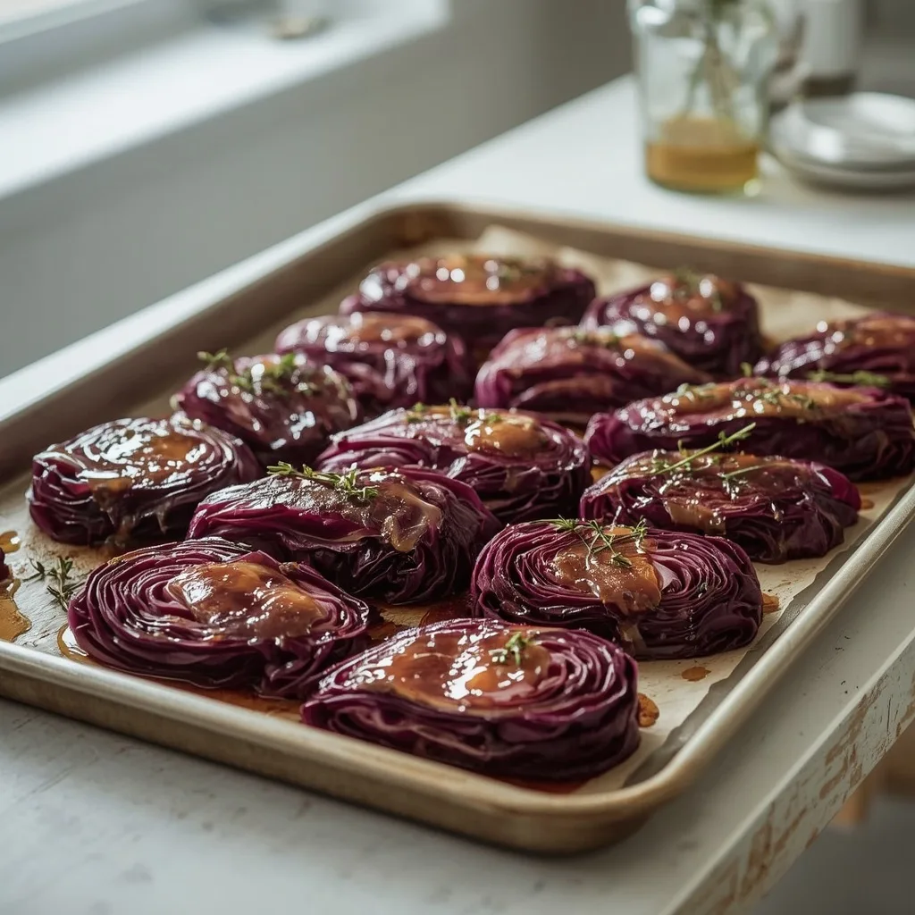 Roasted red cabbage wedges with honey and mustard glaze