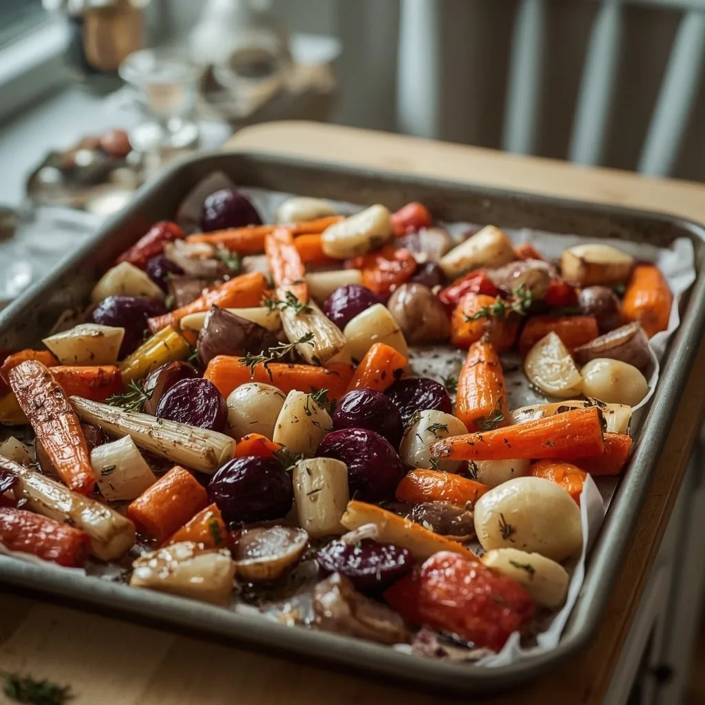 Roasted root vegetable medley with beetroot, carrots and parsnips
