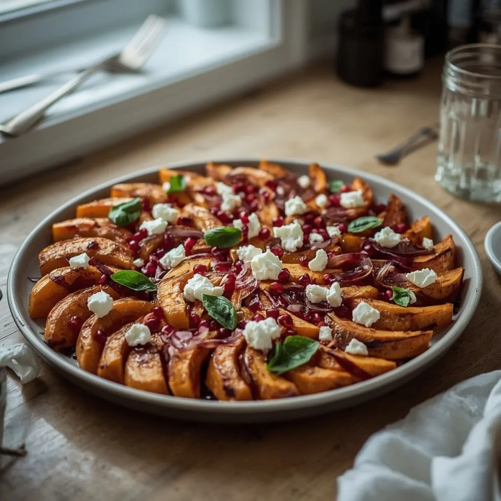 Roasted squash and red onion with feta and pomegranate seeds