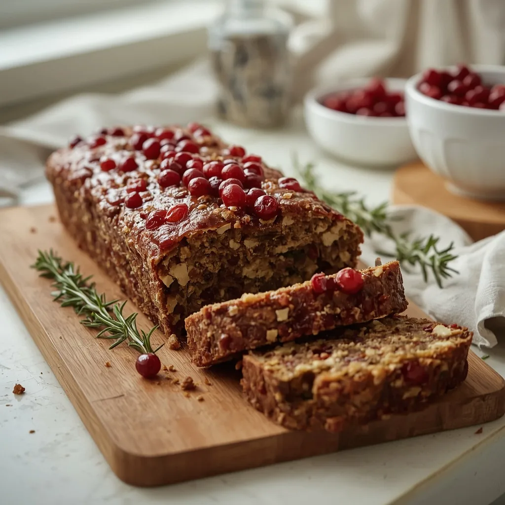 Roasted vegetable and lentil nut roast with cranberry topping, sliced on a board