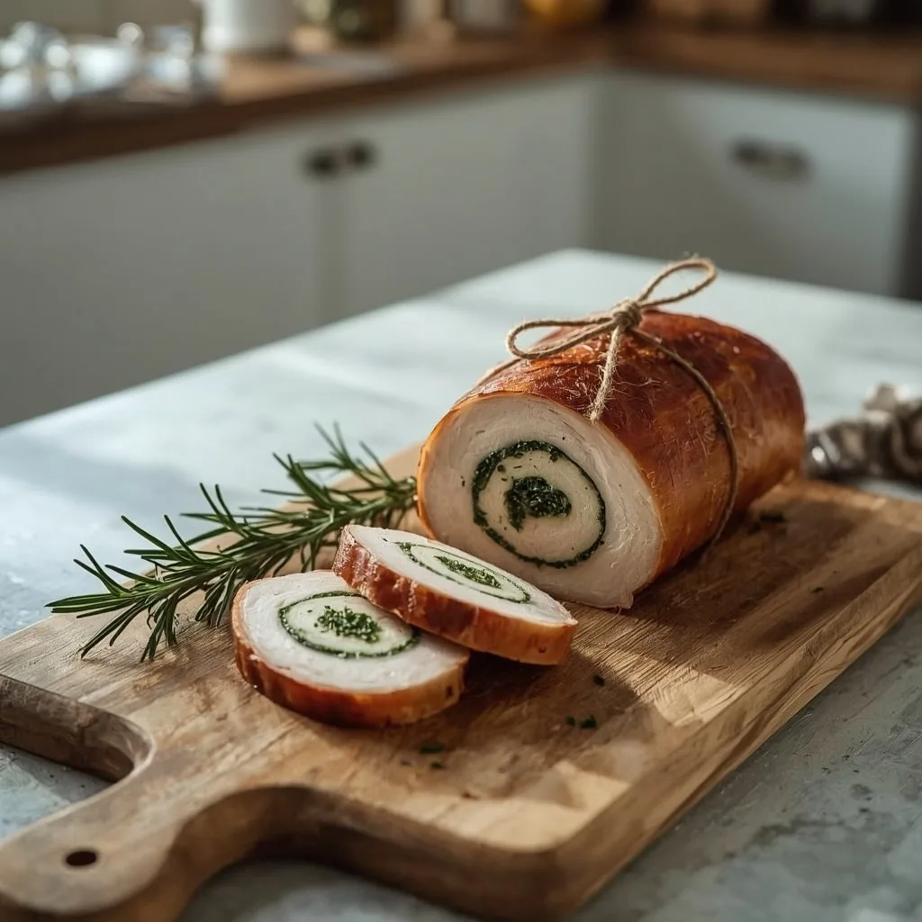 Rolled turkey breast with herby stuffing sliced into rounds