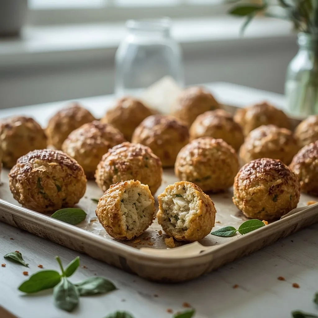 Baked sage and onion stuffing balls on a baking tray with fresh sage