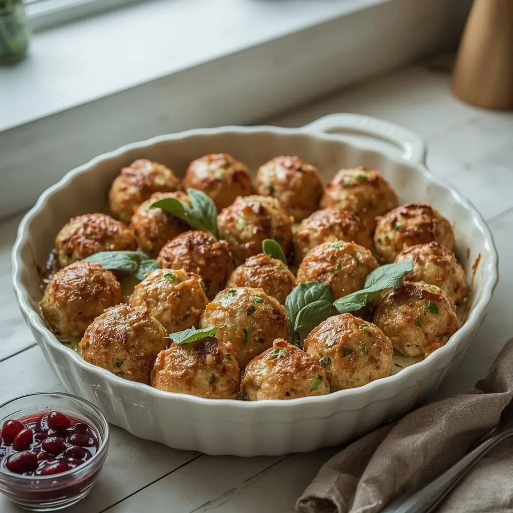 Golden sage, onion and apple stuffing balls in a baking dish