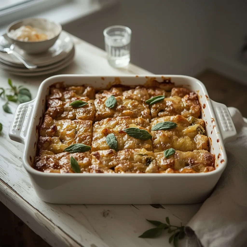 Sage and onion stuffing with a crisp golden top cut into squares