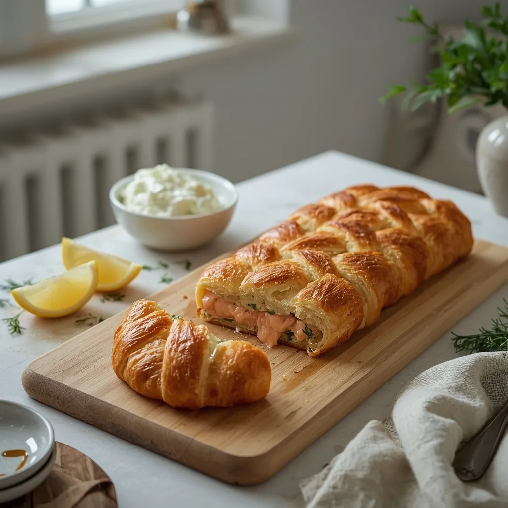 Salmon en croûte with herb cream cheese, sliced on a long board