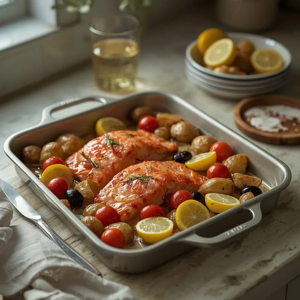 Salmon and crispy potato traybake with tomatoes and lemon