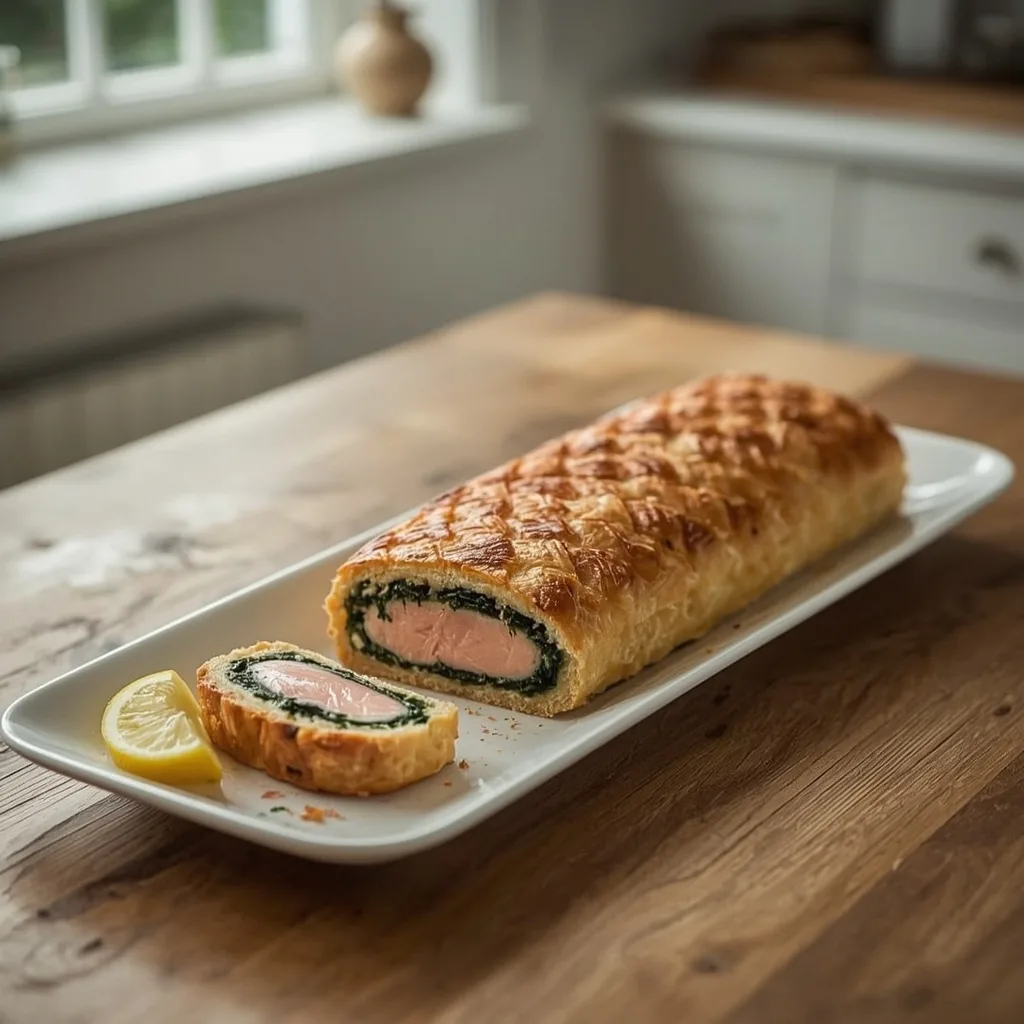 Salmon and spinach Wellington with a pastry scale pattern, sliced