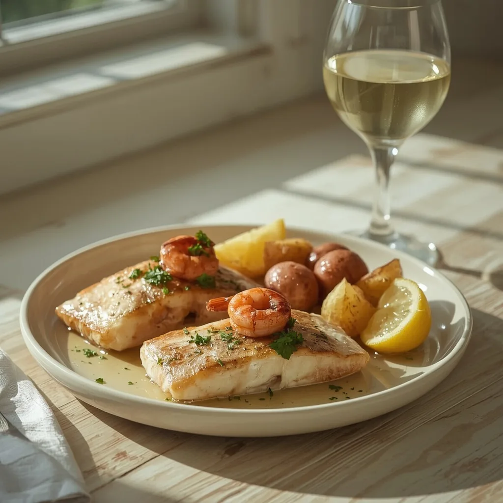 Sea bass fillets with brown shrimp butter and new potatoes