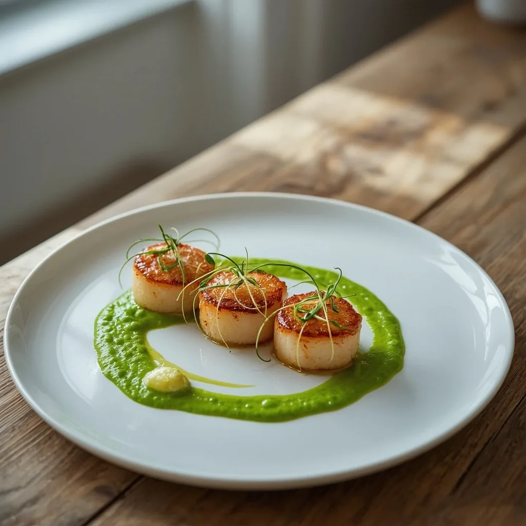 Seared scallops on green pea purée with pea shoots