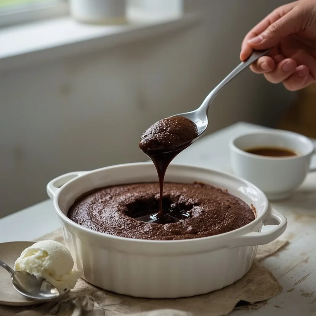 Self-saucing chocolate pudding with sauce revealed