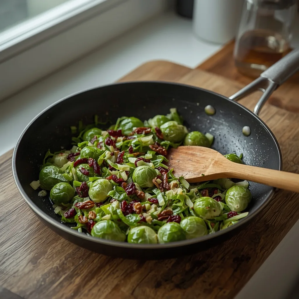 Shredded Brussels sprouts with cranberries and pecans in a pan