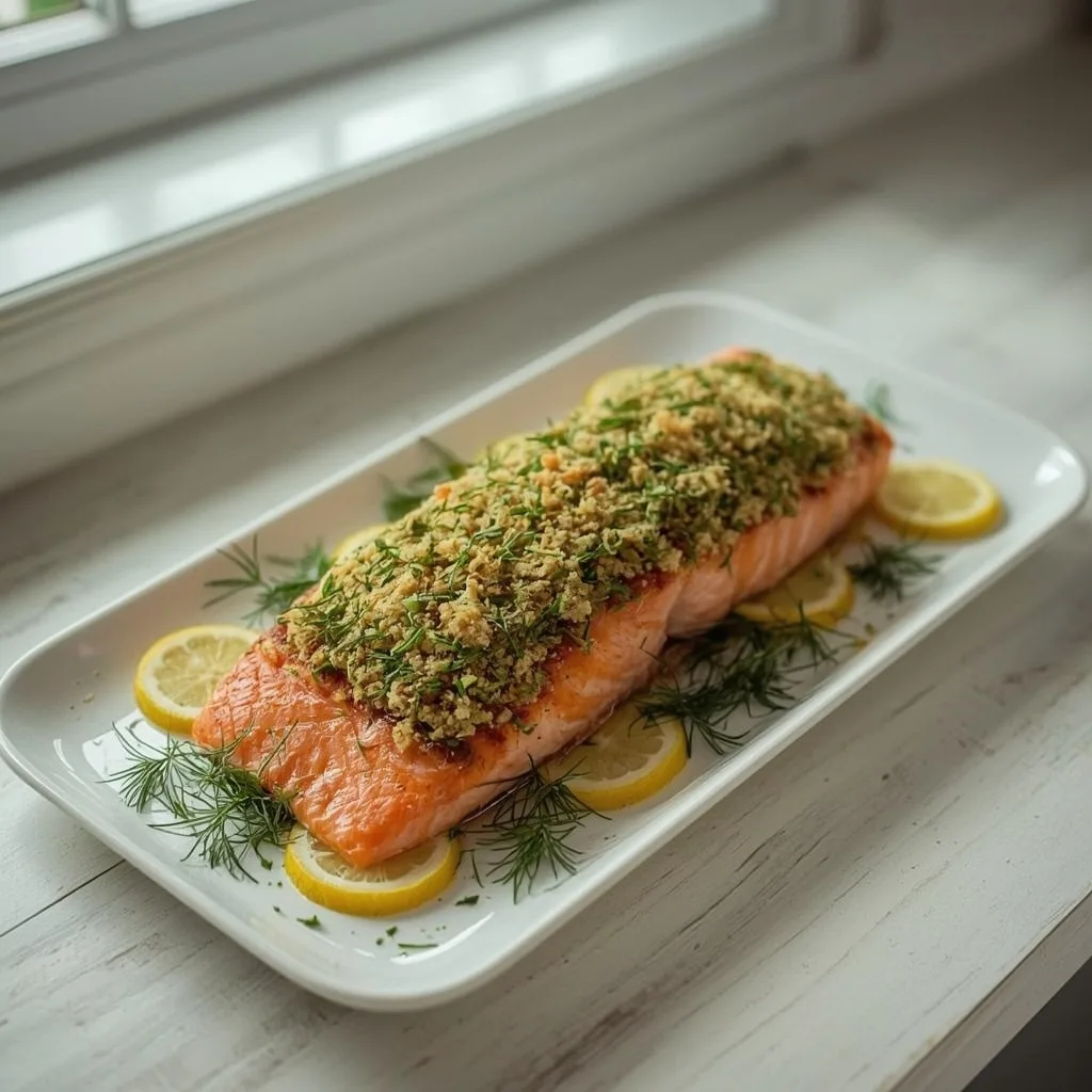 Whole side of salmon with a green herb crust and lemon slices